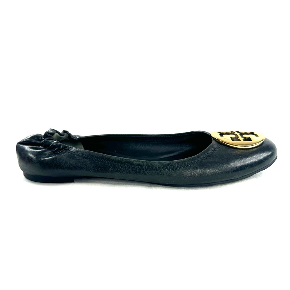 Tory Burch Reva Women Size 7.5 Black Leather Ballet Flat Elastic Back Brass Logo